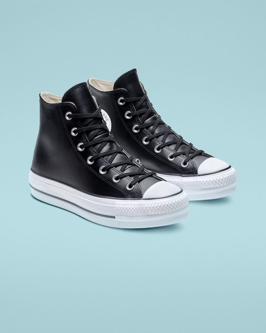 Dámské Boty Na Platformy Converse Chuck Taylor All Star Lift Læder Vysoké Černé Bílé | CZ QTLH67